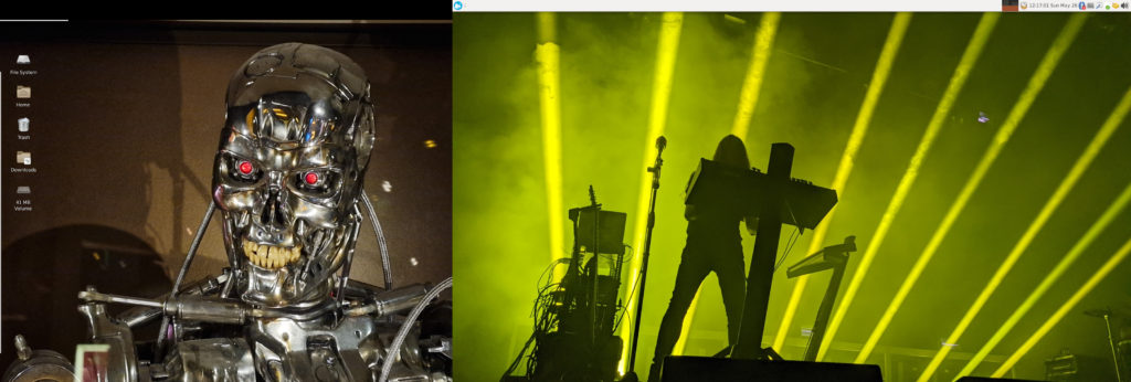 Screenshot of random wallpaper across 2 screens; both images I shot. On the left, the T-800 model from the MoPop museum. On the right, PERTURBATOR pounding on his keyboards on stage.