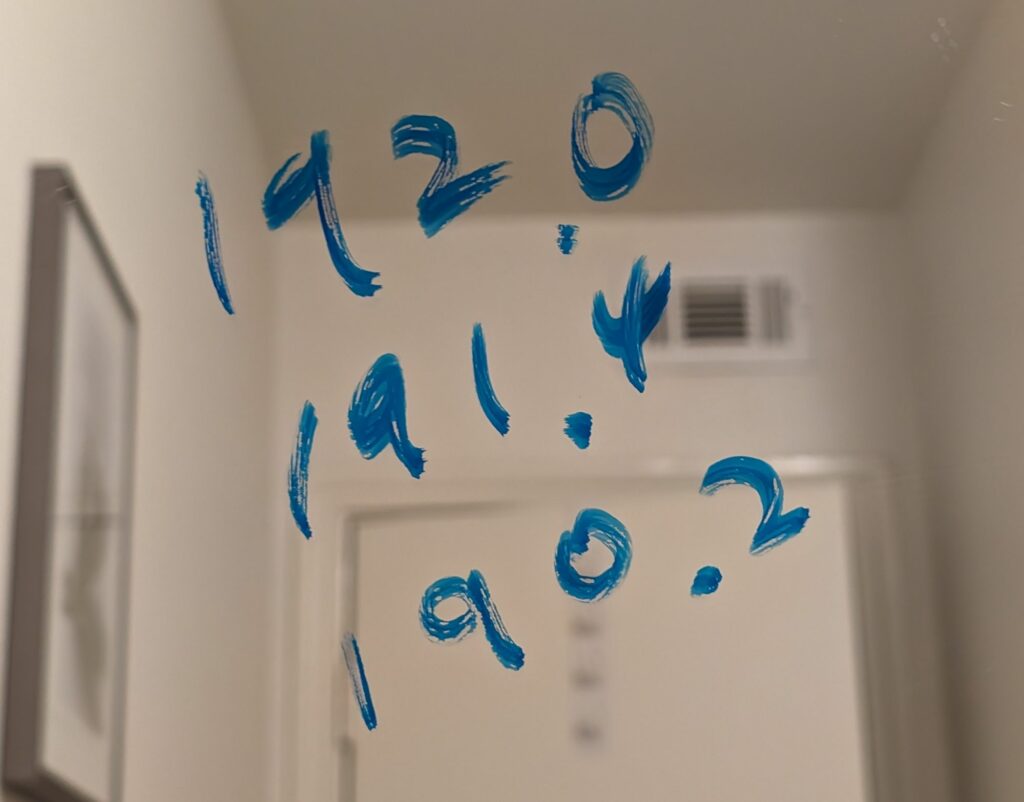 Dry erase writing of the bathroom mirror
192.0 191.4 190.2